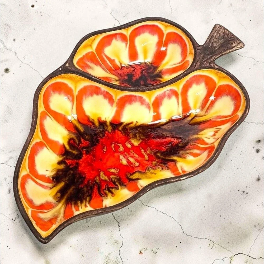 Vintage Treasure Craft 376 Leaf Chip & Dip Tray Orange Drip Glaze 1970s Decor